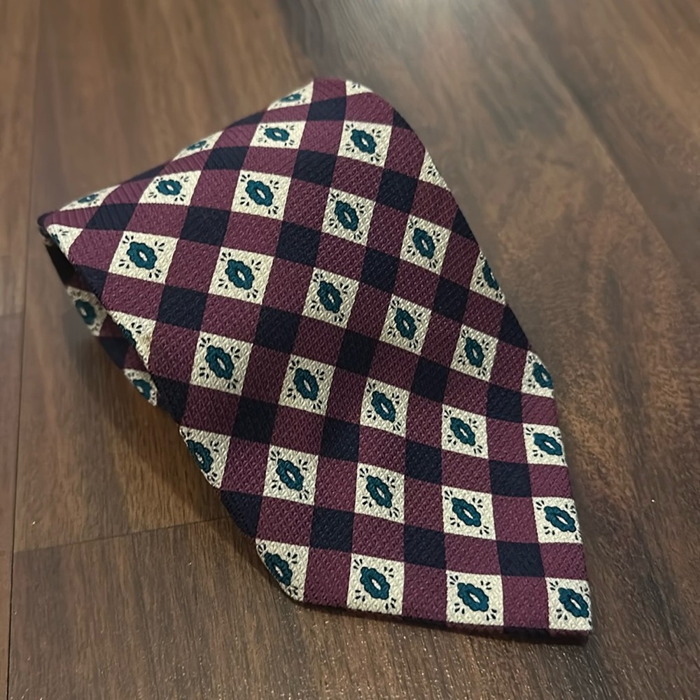 Zylos George Machado 100% Italian Silk Tie, Burgundy, Navy, Cream, Green
